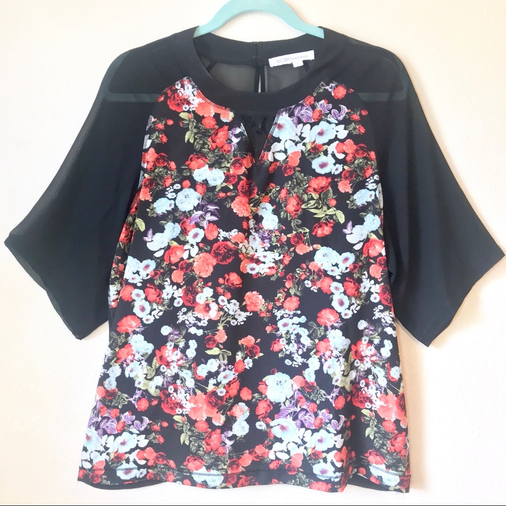 BCBGeneration Floral Top w Sheer Black Back Sz Lg
